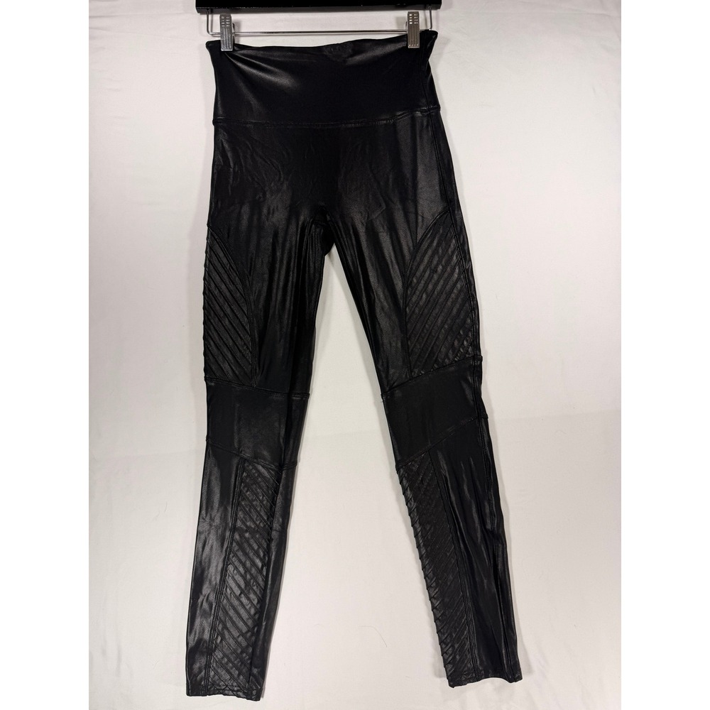 Spanx Faux Leather Moto Leggings Womens Medium Petite Black Excellent Ribbed